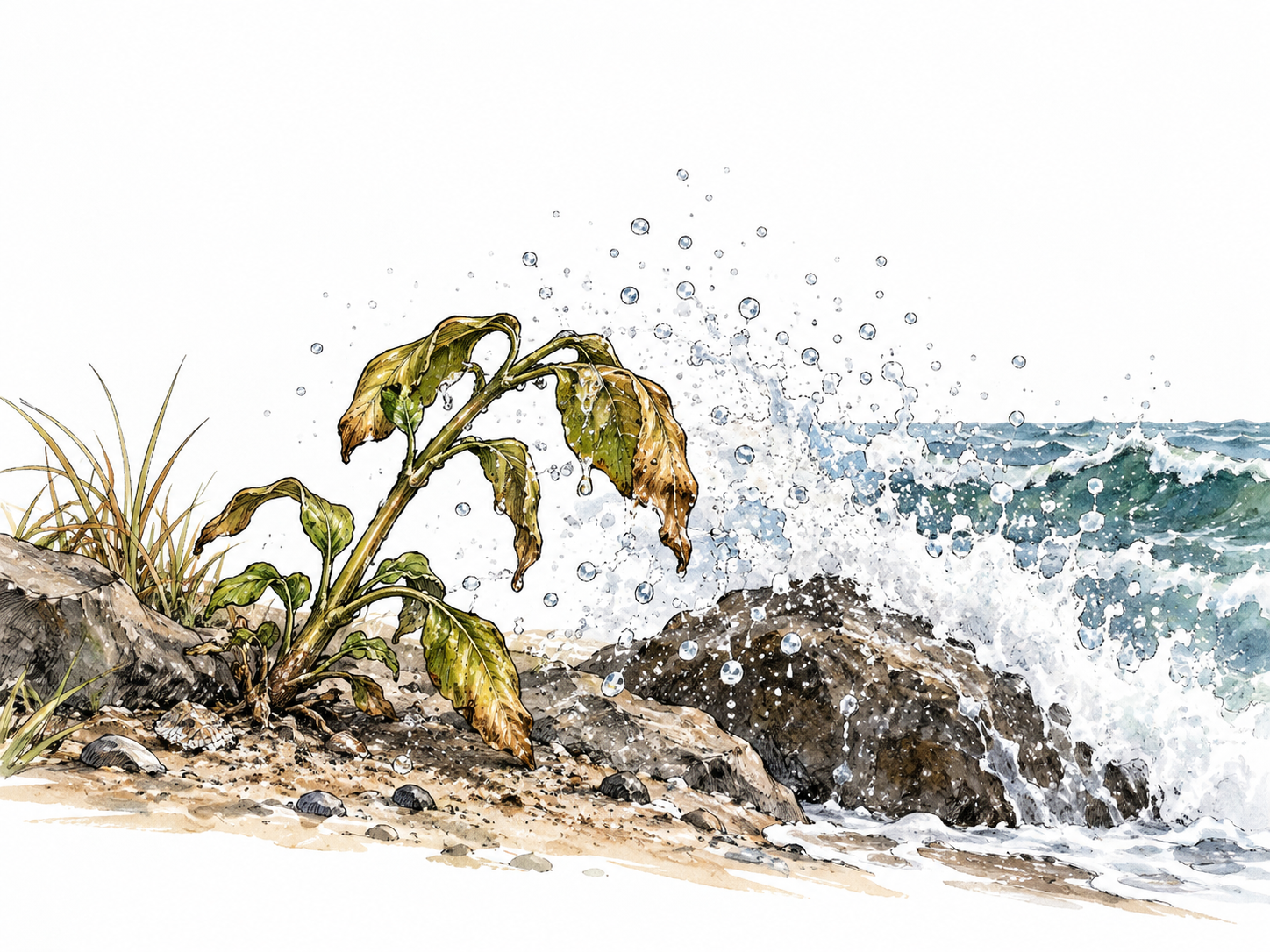 A tender plant wilting under harsh salt spray at a coast, hostile conditions harming growth.