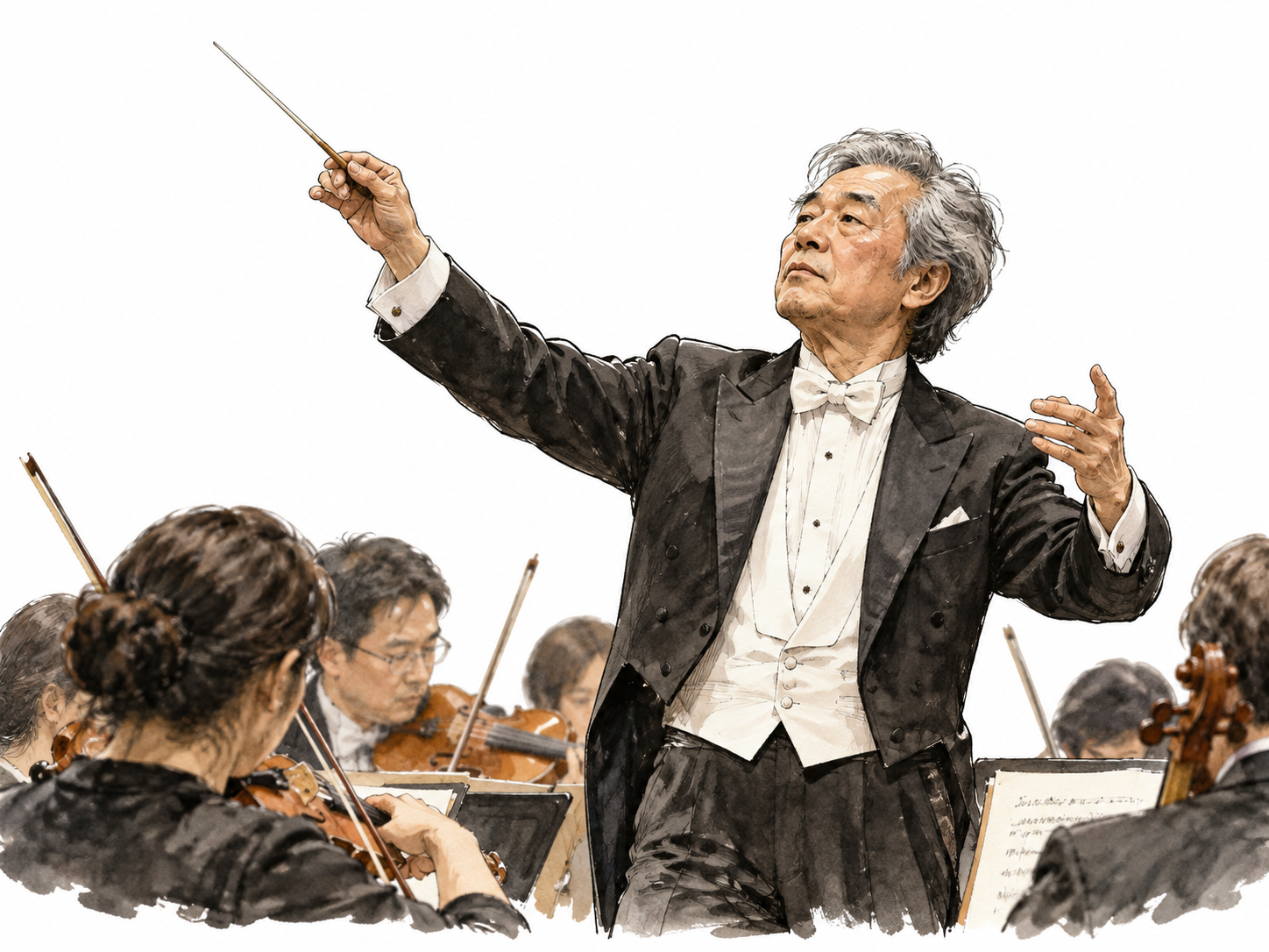 Older East Asian conductor leads orchestra with precise baton gesture.