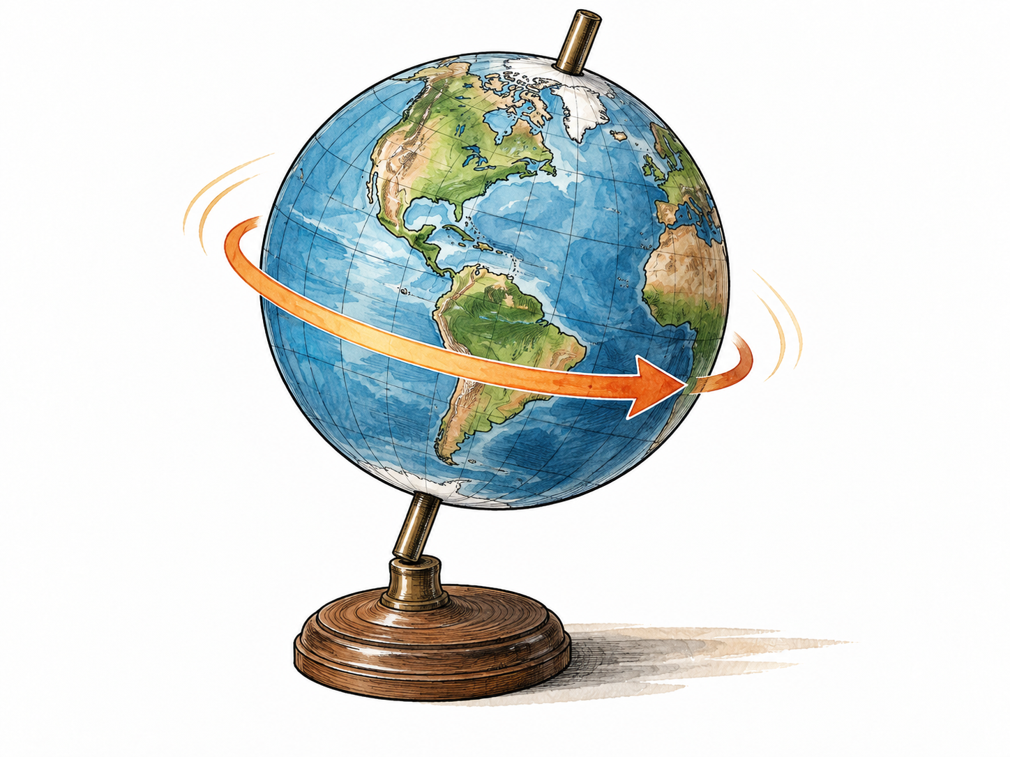 Globe turns on its axis with single curved motion arrow.