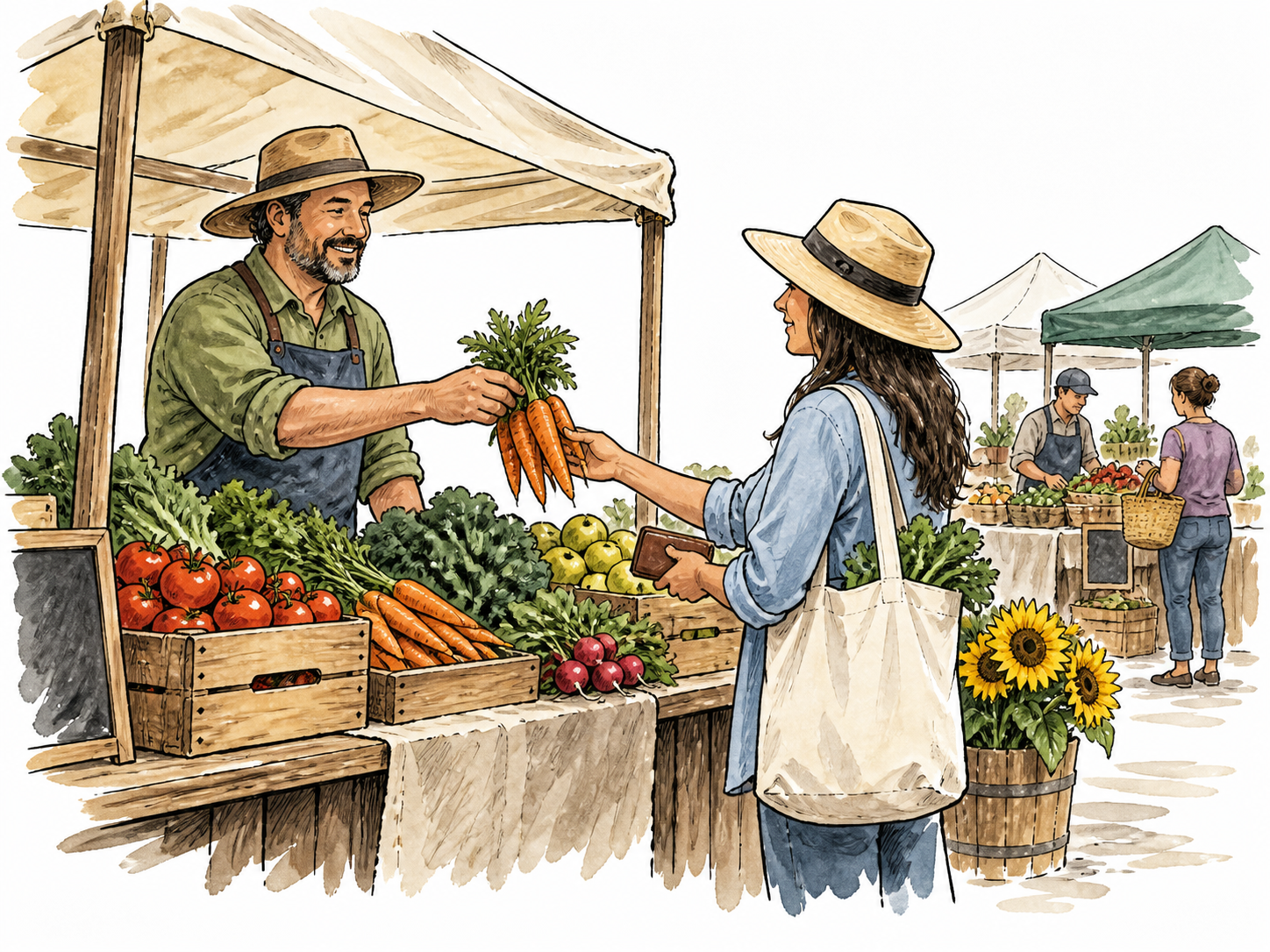 A lively outdoor produce market where buyers and sellers exchange goods.