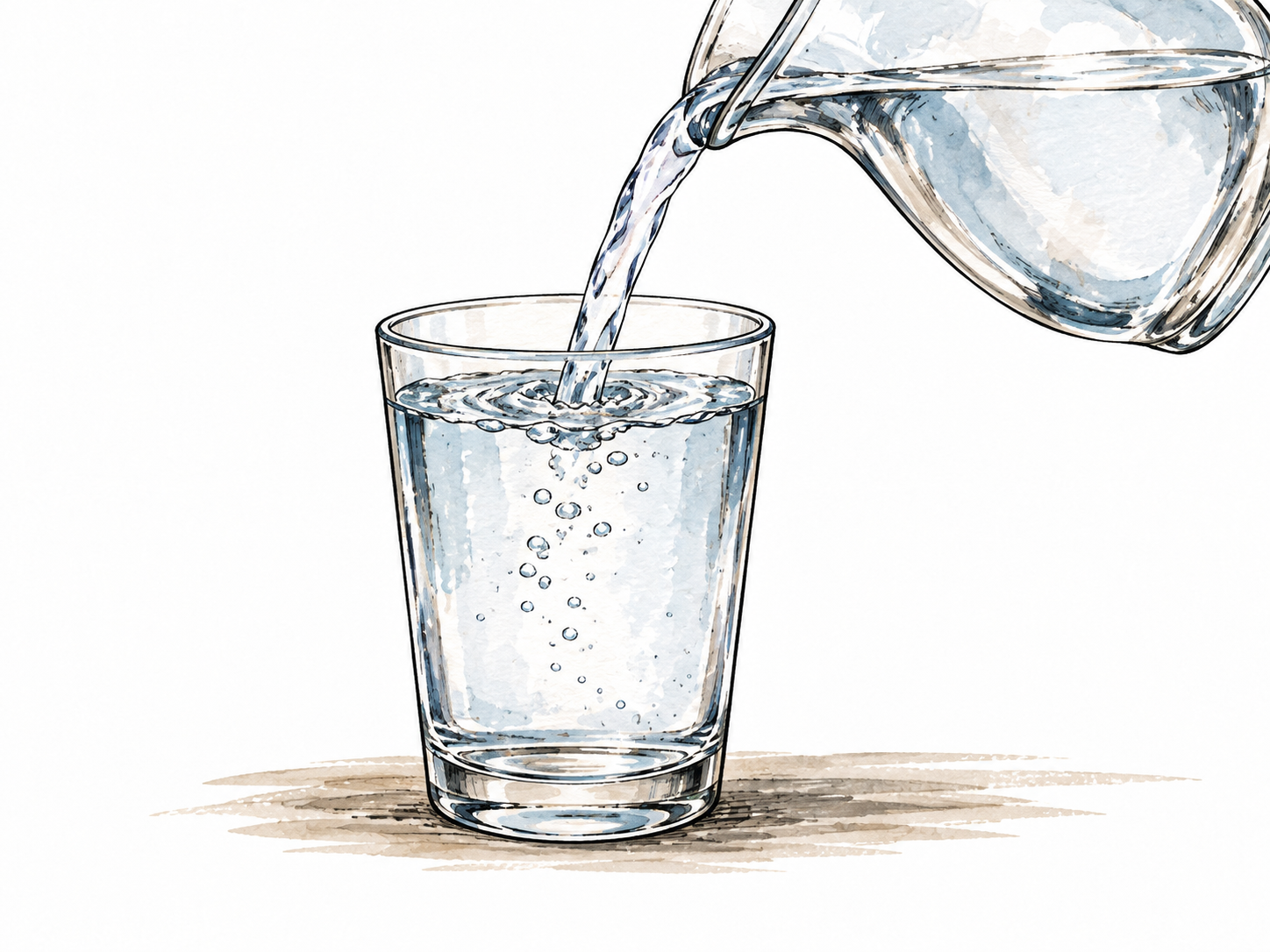Water poured into a glass until almost full, no overflow.