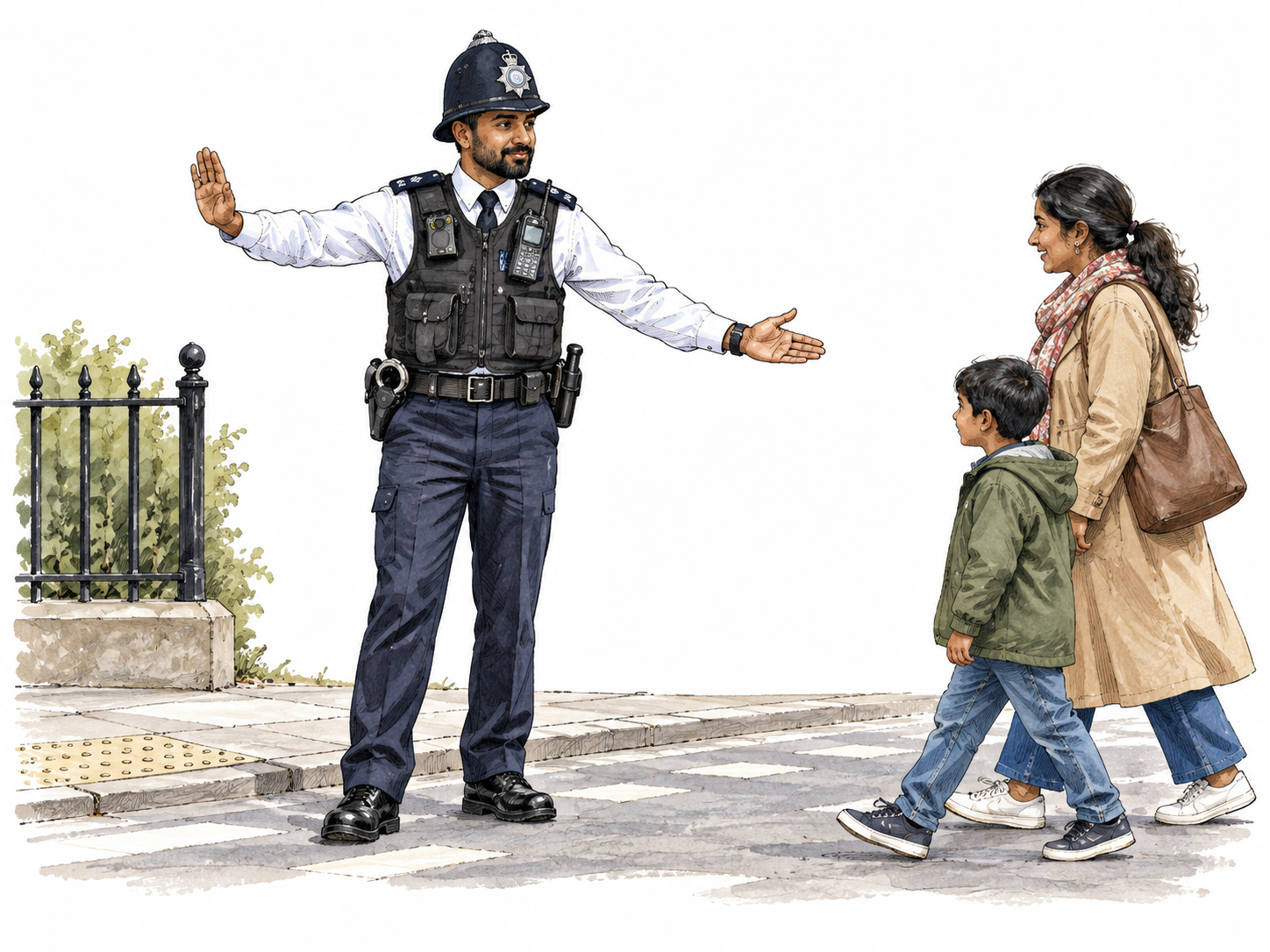 A South Asian British-style local police officer courteously directs pedestrians.