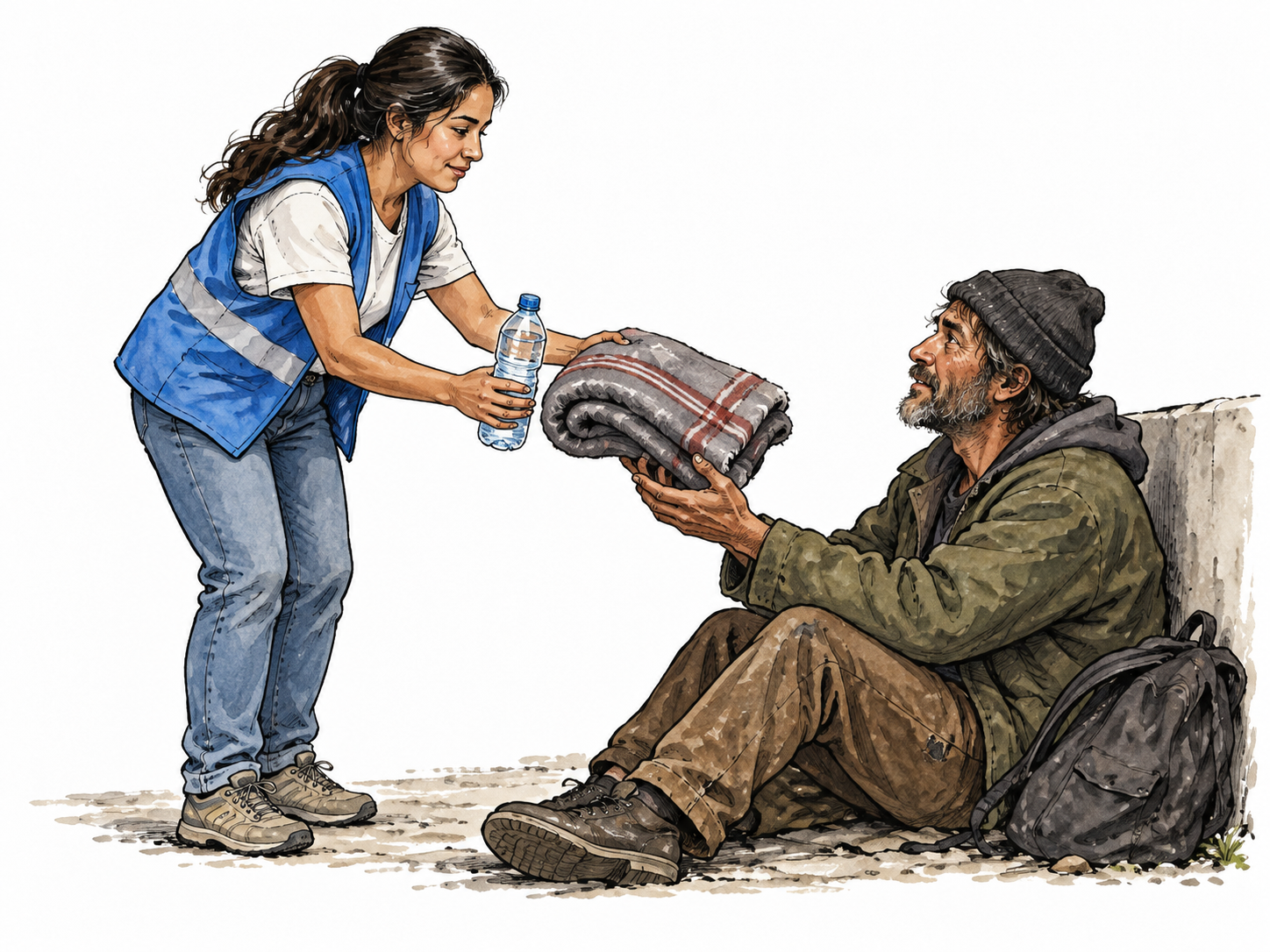 Latina volunteer hands a blanket and water to a weary adult.