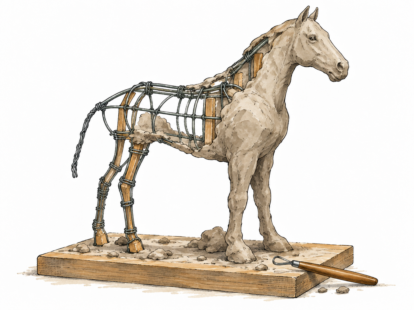 Wire-and-wood internal framework supports an unfinished clay sculpture.