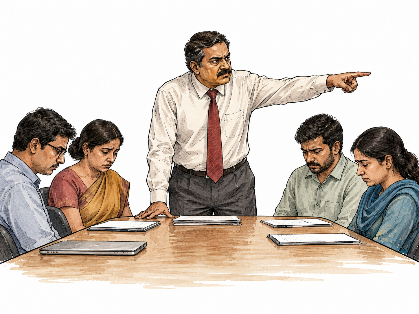 A severe South Asian fictional manager dictates instructions while colleagues have no chance to speak.