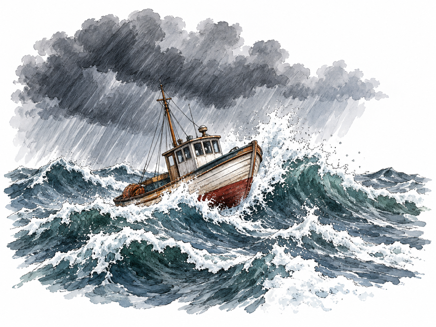 A small boat rides rough, irregular waves under storm clouds.