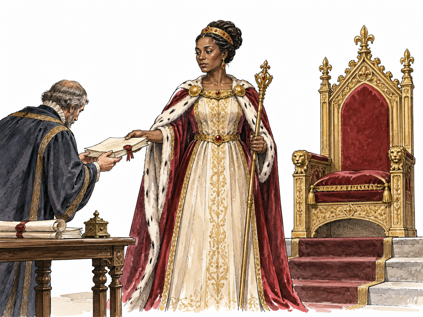 A dignified Black female regent receives council papers beside an unoccupied throne.