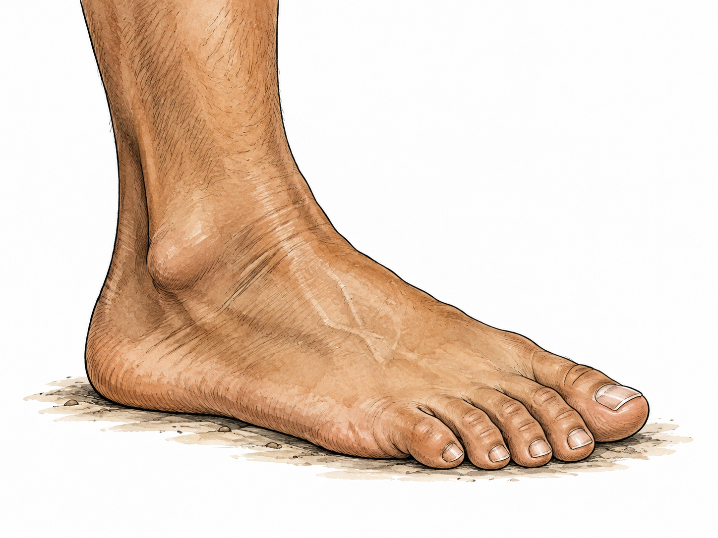 Clean natural close view of one adult brown foot resting flat, toes heel and ankle clearly drawn.
