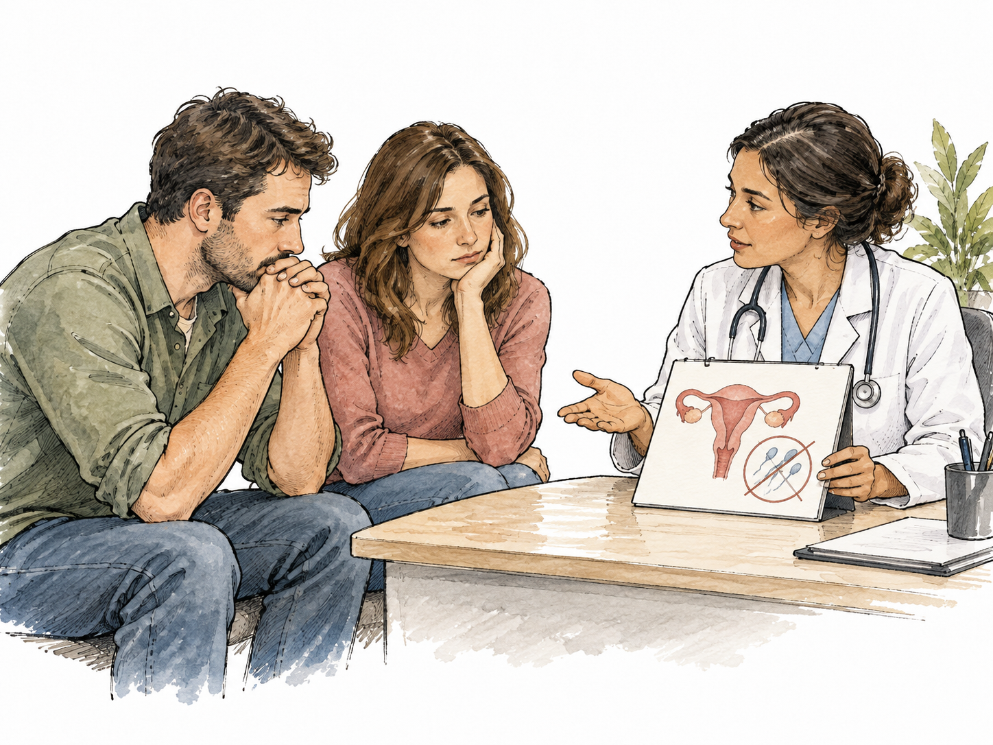 Adult couple consults a compassionate fertility clinician, uncertainty shown without blame or promises.