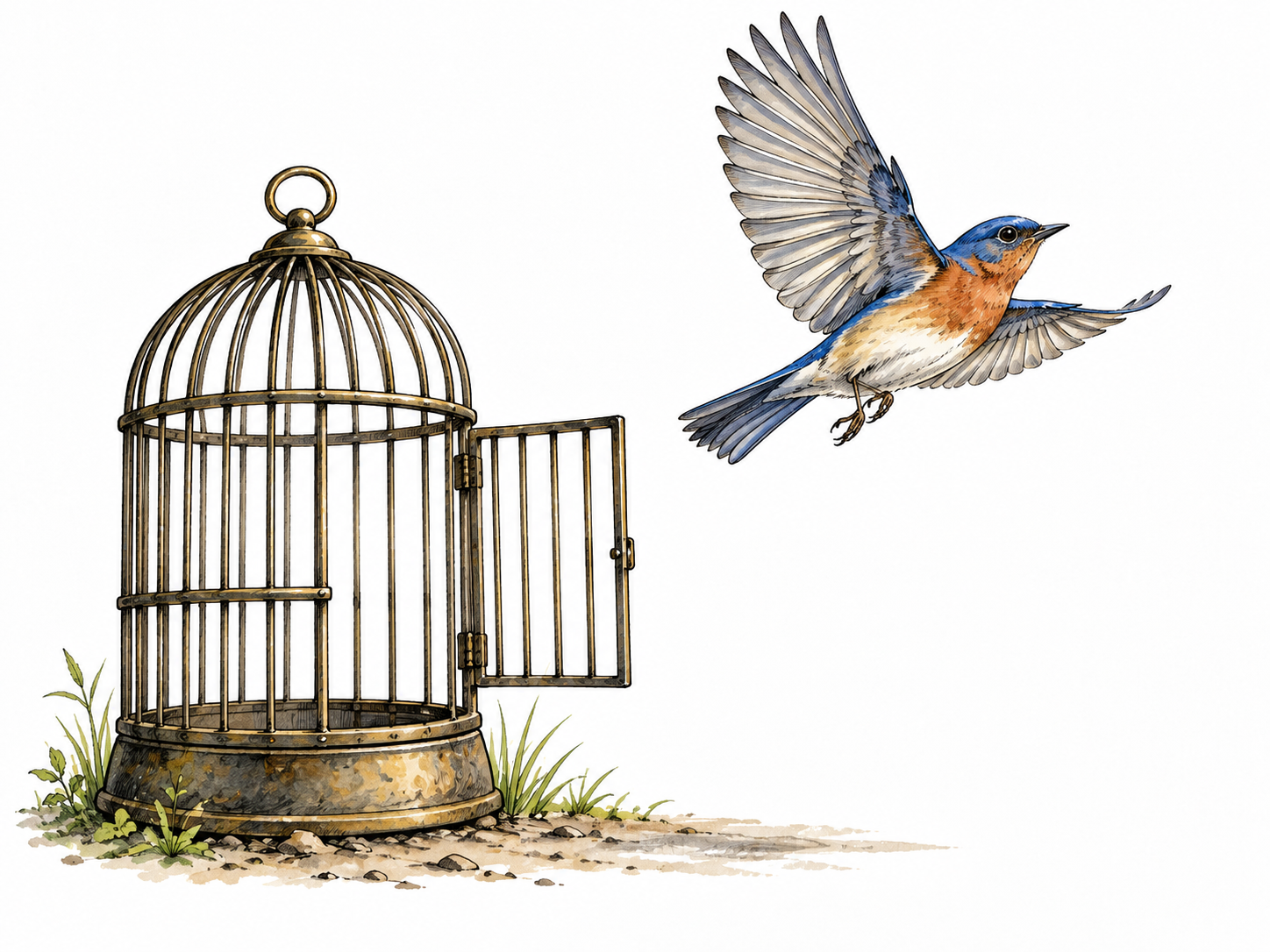 Open cage with bird flying free.