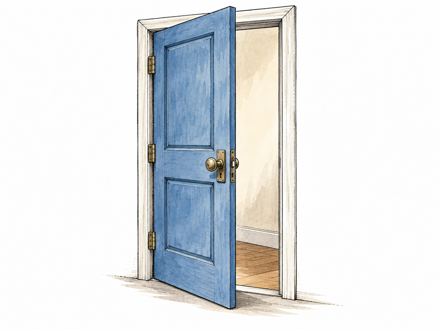 A plain blue hinged door midway open showing its handle hinges and doorway.