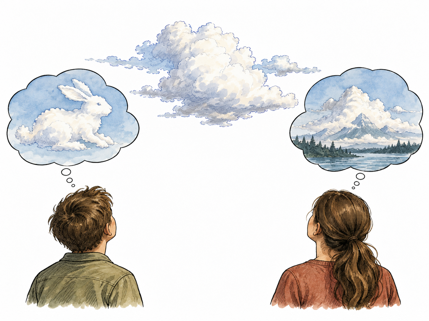Two different sketches of the same cloud, one as an animal and one as a landscape, show differing understandings.