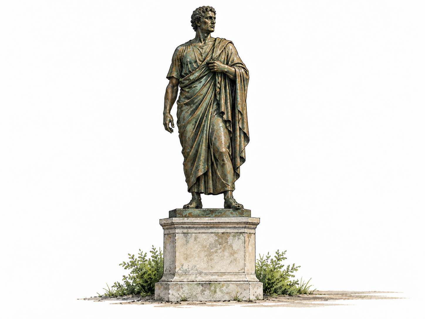 Bronze statue of standing human on pedestal.