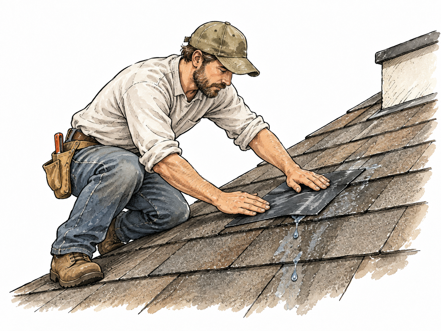 White repairer uses a simple patch to stop a roof leak effectively.