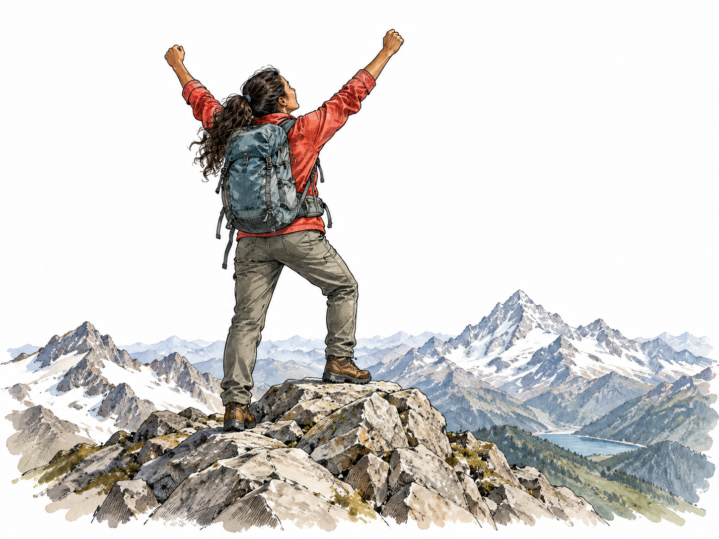 A Latina mountaineer reaches a summit and raises both arms.