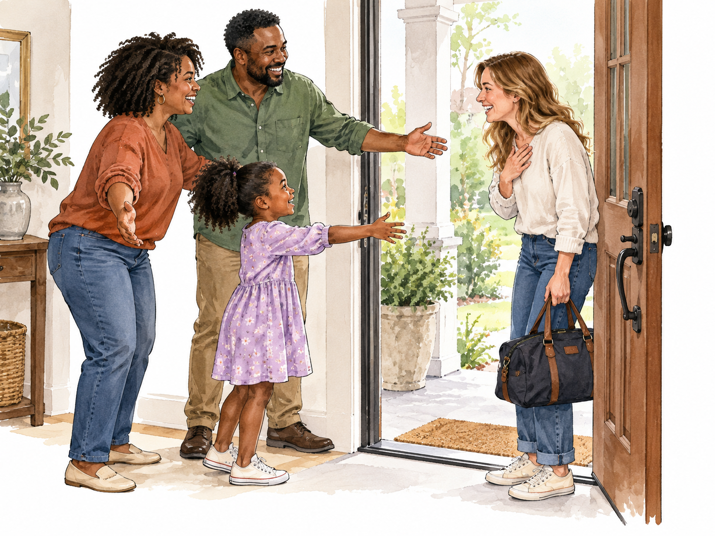 A family warmly receiving a guest at their front door, Black host and white guest with a small overnight bag.