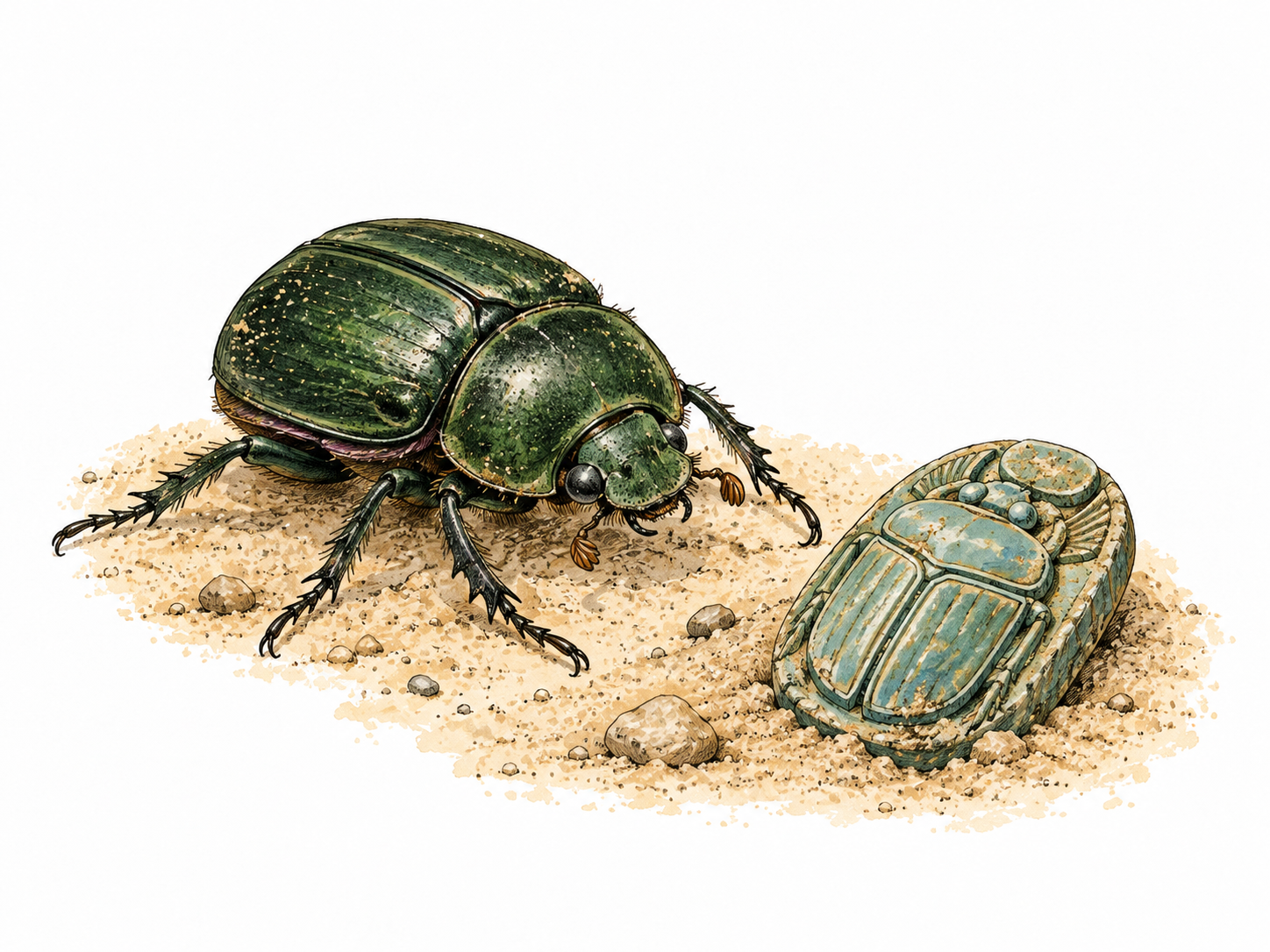 A dark green scarab beetle on sand beside a small carved ancient Egyptian scarab amulet, natural anatomy.