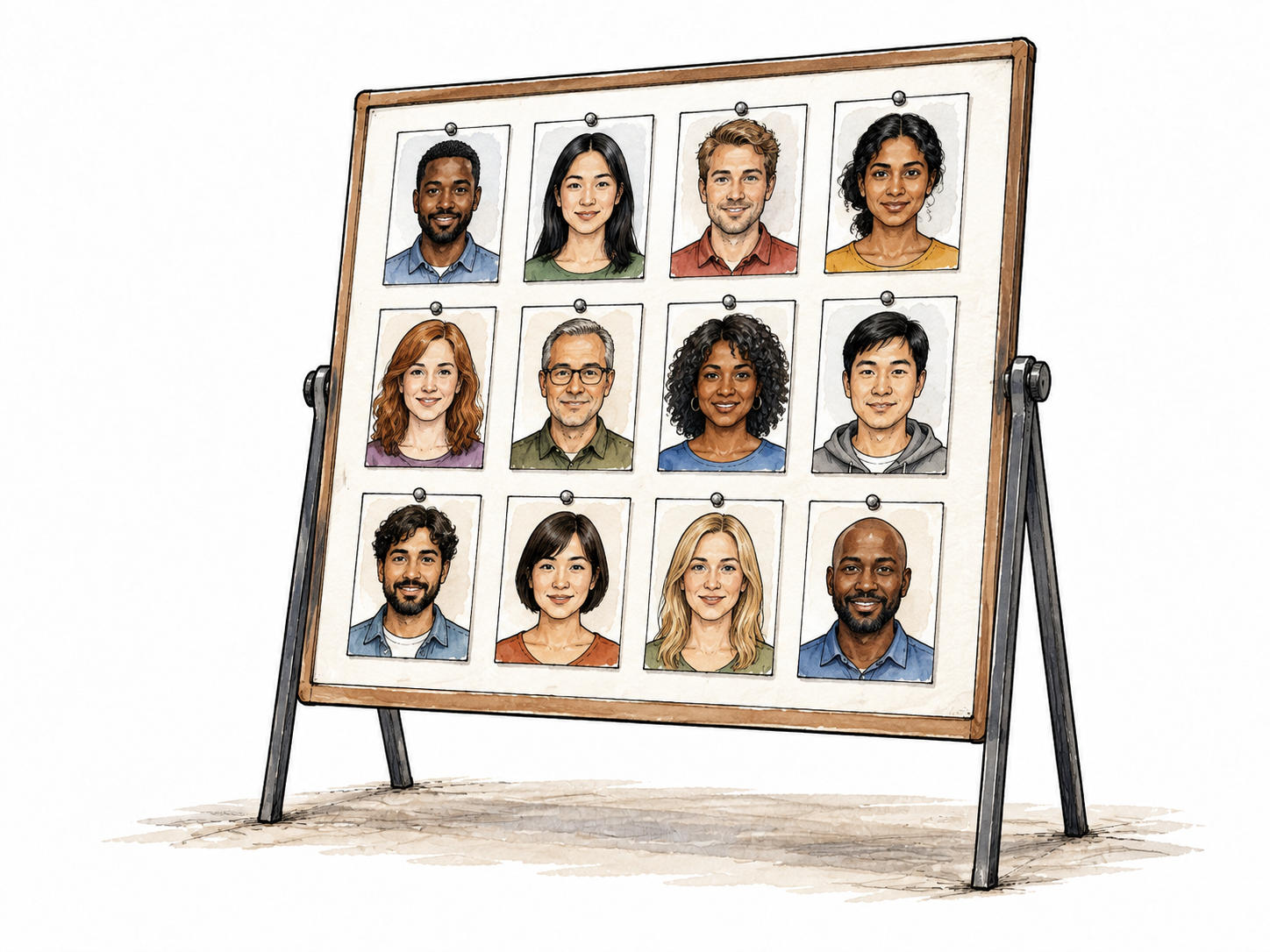 An organized team lineup board uses portrait thumbnails of diverse adults with no letters.