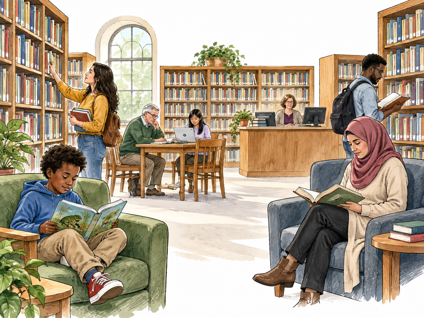 Warm public library with bookshelves and diverse readers.