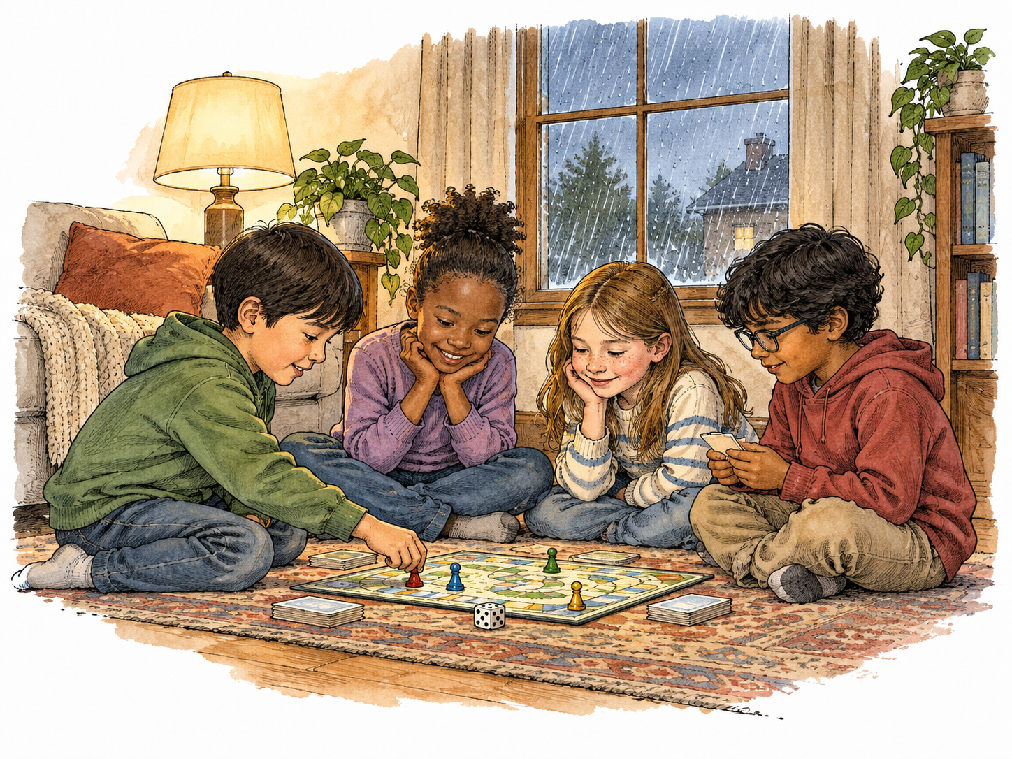 Children playing a board game inside a warm room while rain falls outside the closed window, varied ethnicities.