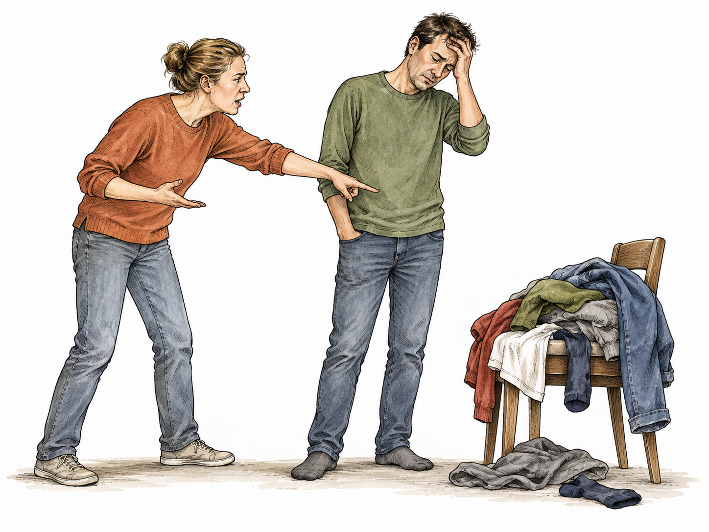 A white adult repeatedly points at untidied clothes while another adult looks weary, no gender stereotype.