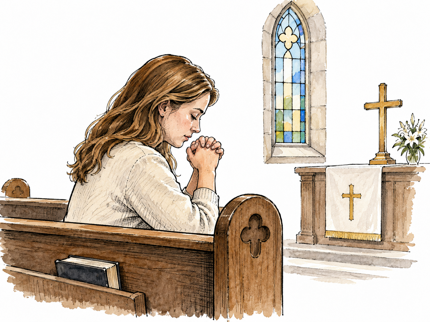 A white woman quietly prays in a small church pew.
