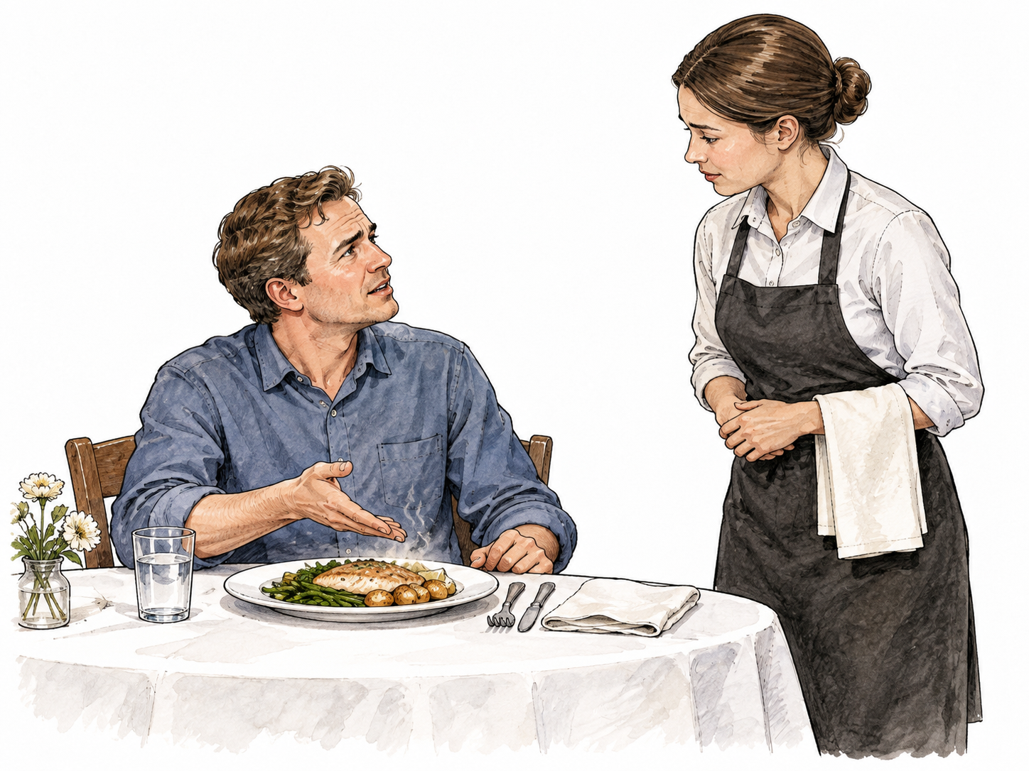 A white restaurant customer politely points out cold food to a server.