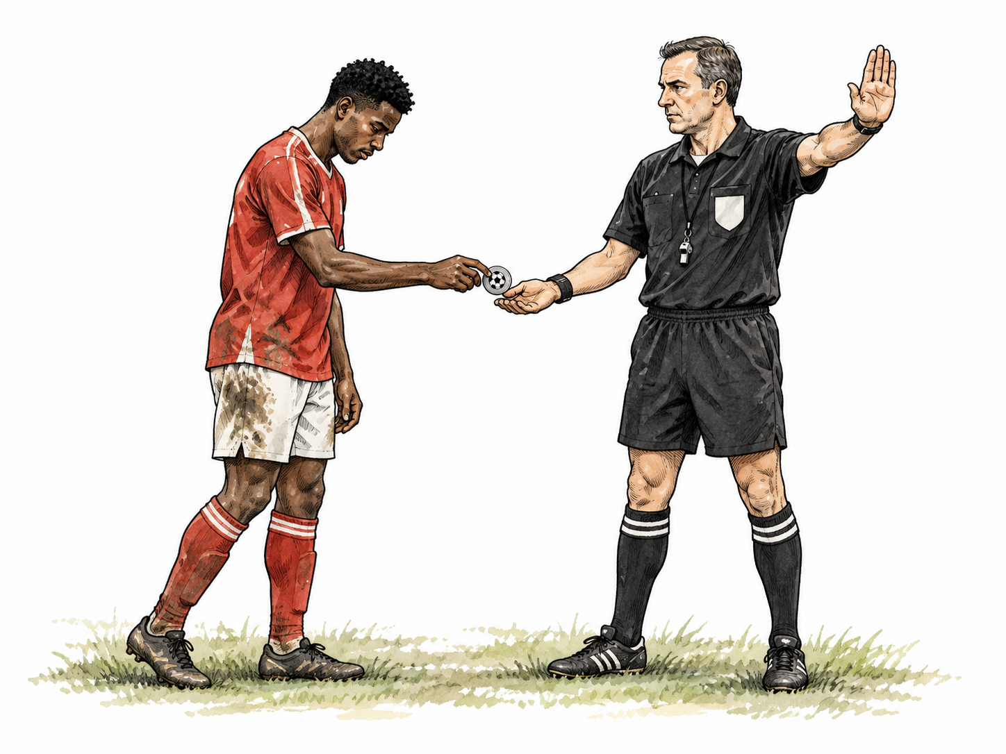 A soccer player handing over a match token after breaking a rule, referee's decisive gesture, Black player and white referee.