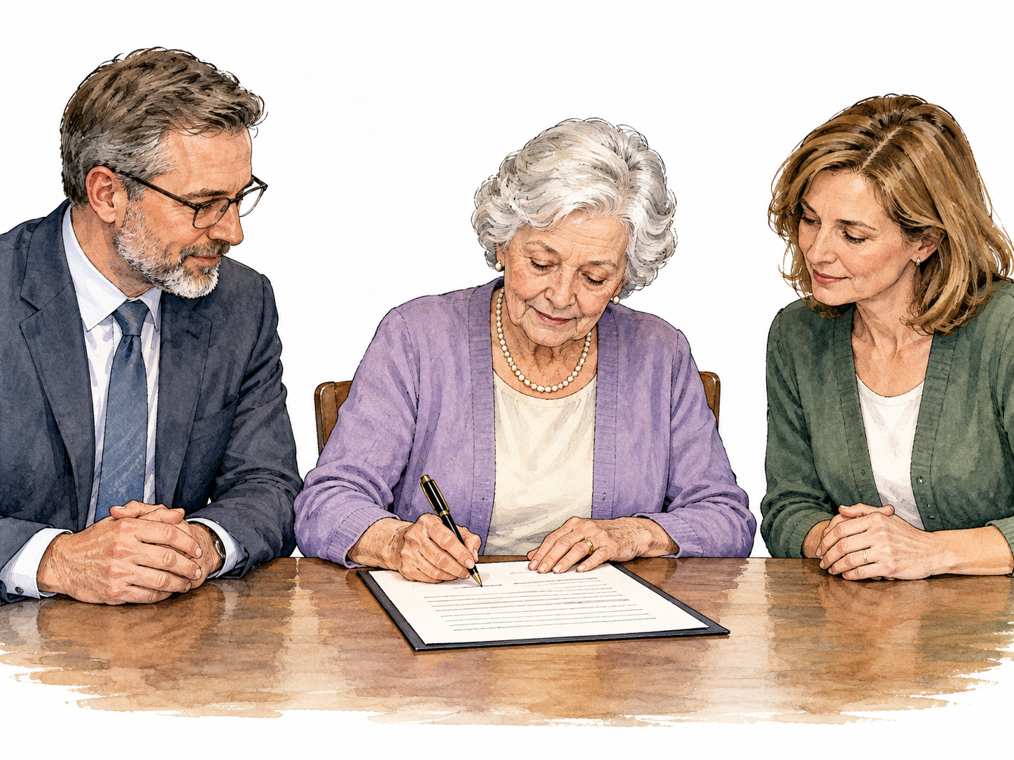 Older white woman signs her will before two witnesses.