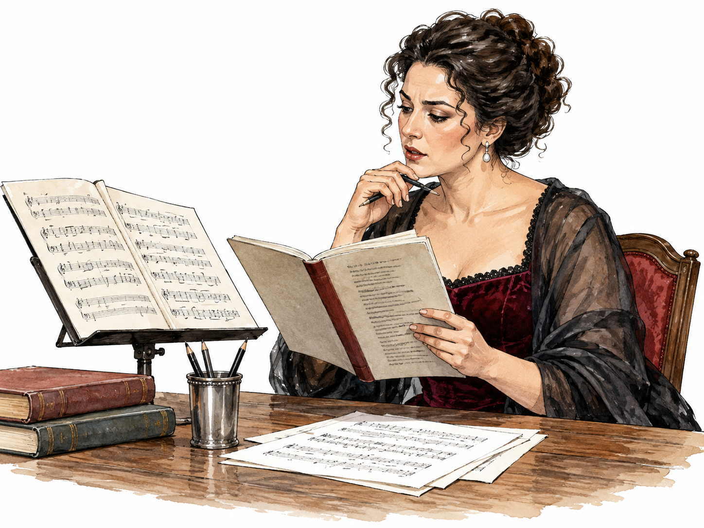 Opera singer studies bound libretto beside musical score.