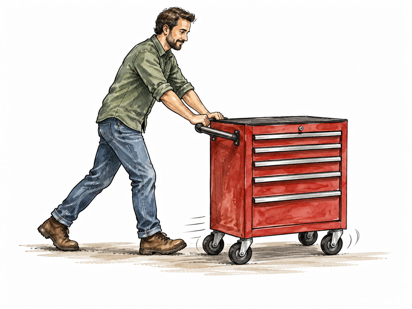 A compact rolling tool cabinet moved easily by one adult.