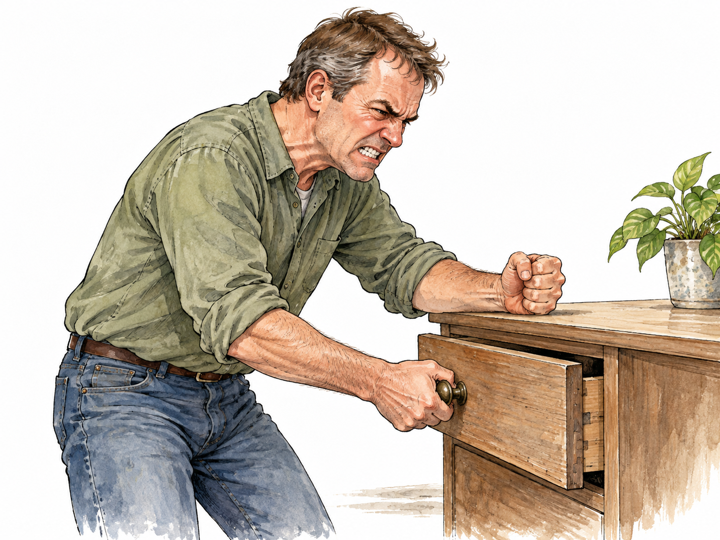 A middle-aged white man clenches his jaw and hands in frustration beside a jammed drawer.