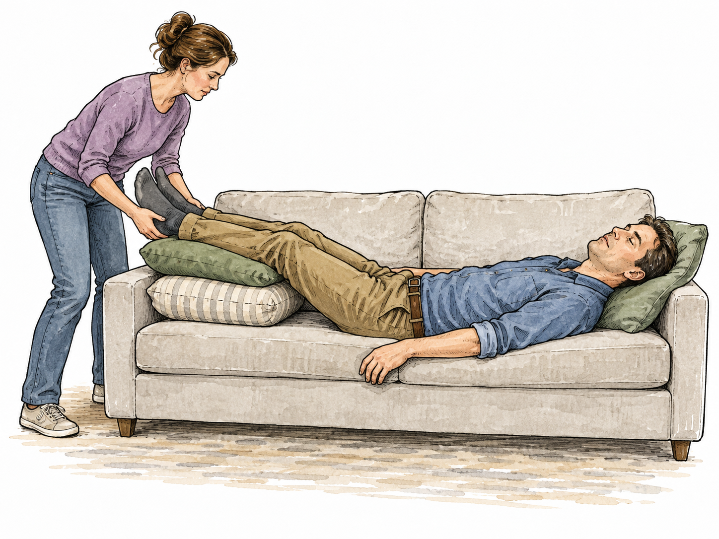 An adult fainted safely on a sofa while another elevates their legs, no trauma.