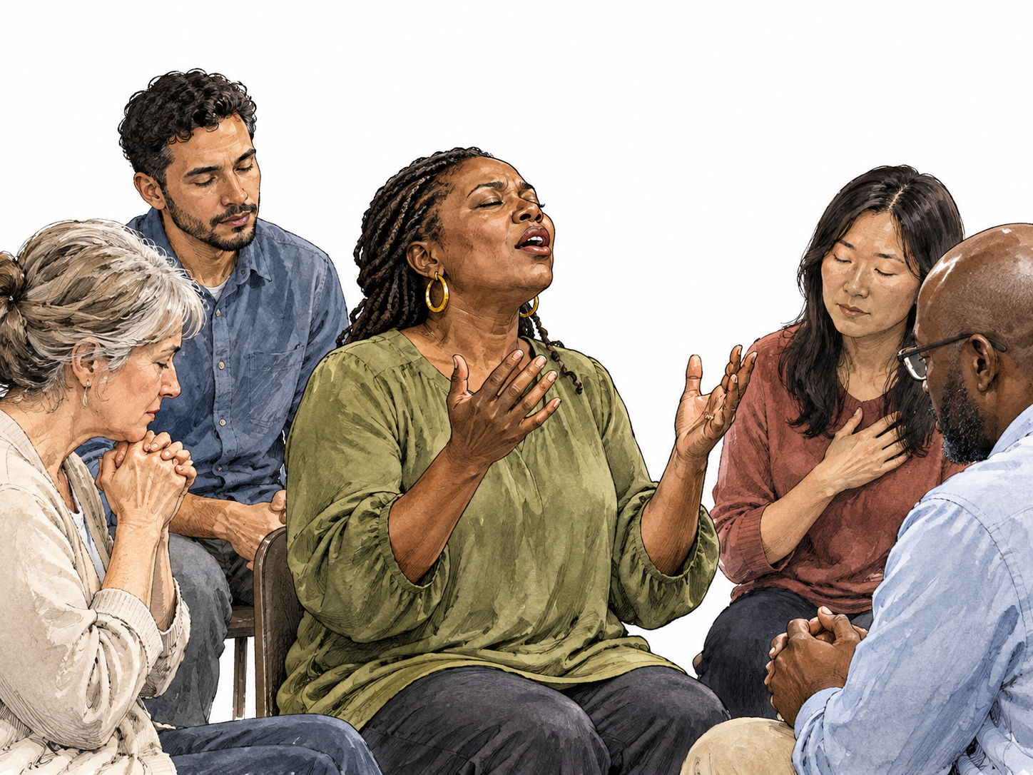 Adult worshipper speaks fervently in small diverse prayer gathering, respectful.