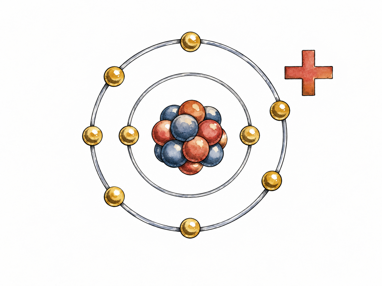 A generic positively charged atom schematic with electron shells and a plus sign; no particular chemical element identified.