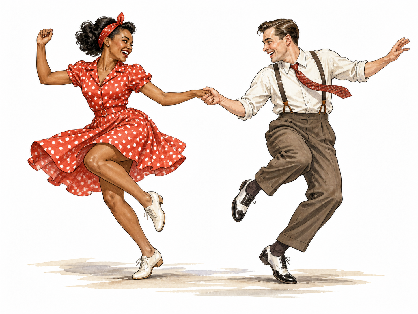 Black woman and white man perform lively swing dance.