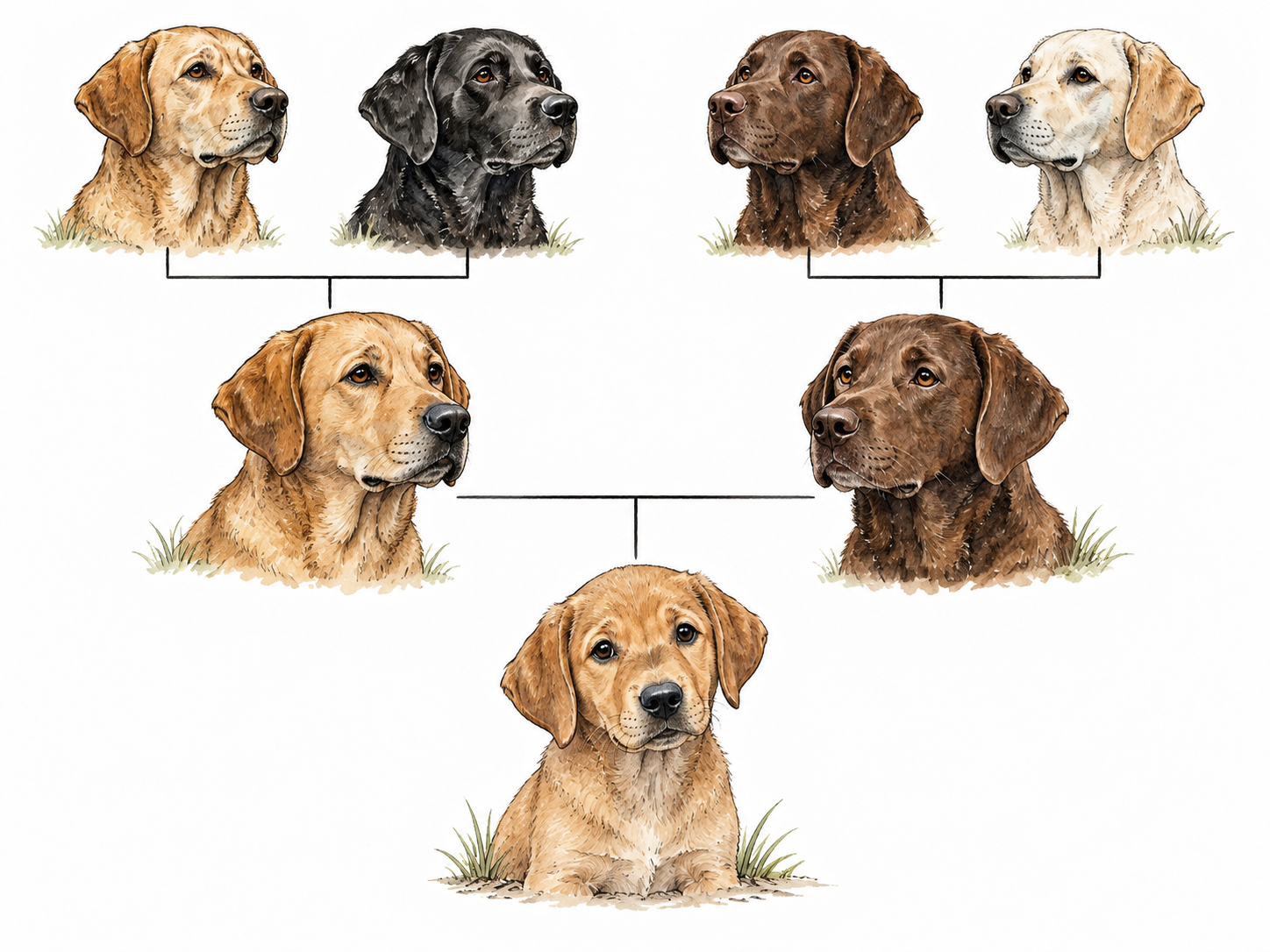 Dog ancestry chart with three generations of dog portraits, no invented breed label.