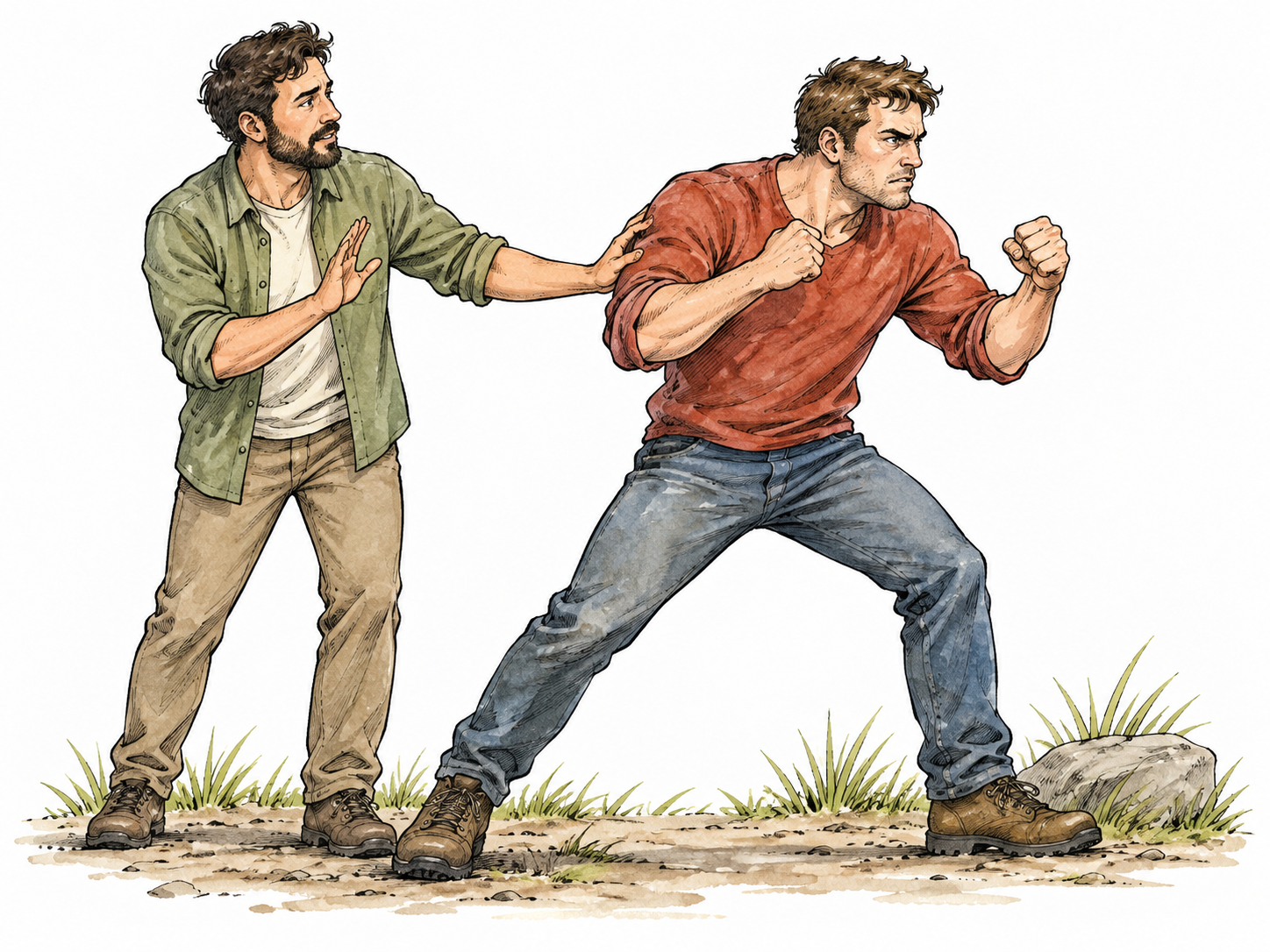 White adult squares fists and seeks fight despite calm companion.
