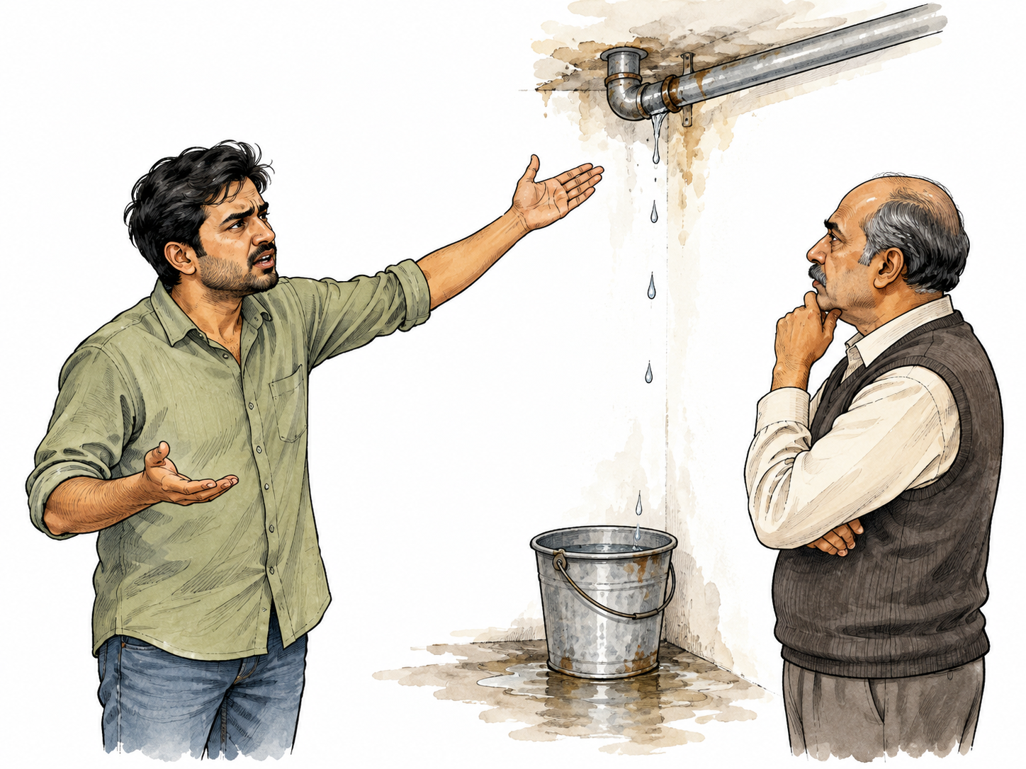 A South Asian tenant shows a landlord a leaking pipe with a dissatisfied expression.