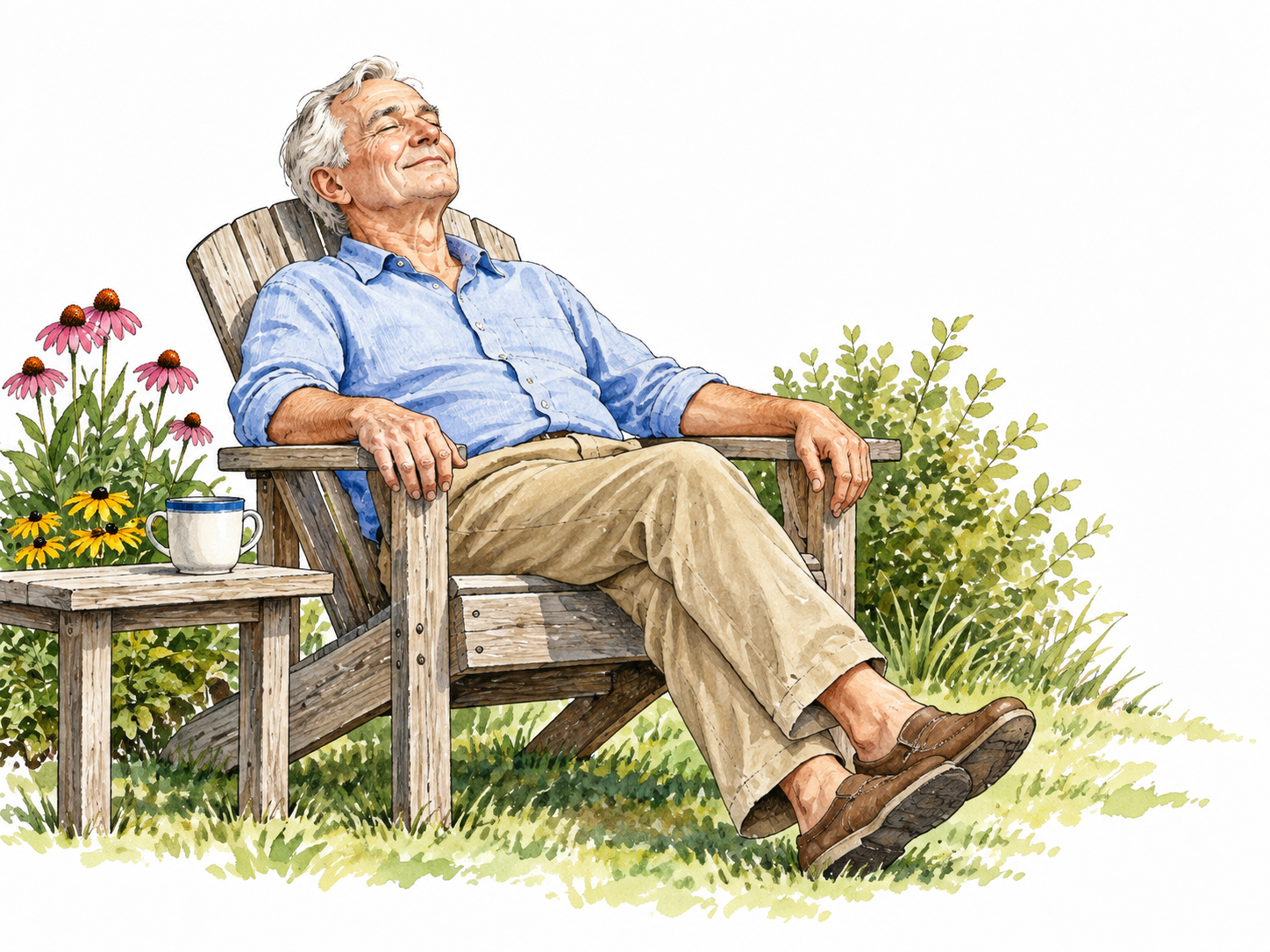 A white older man relaxes in a garden chair with lowered shoulders.