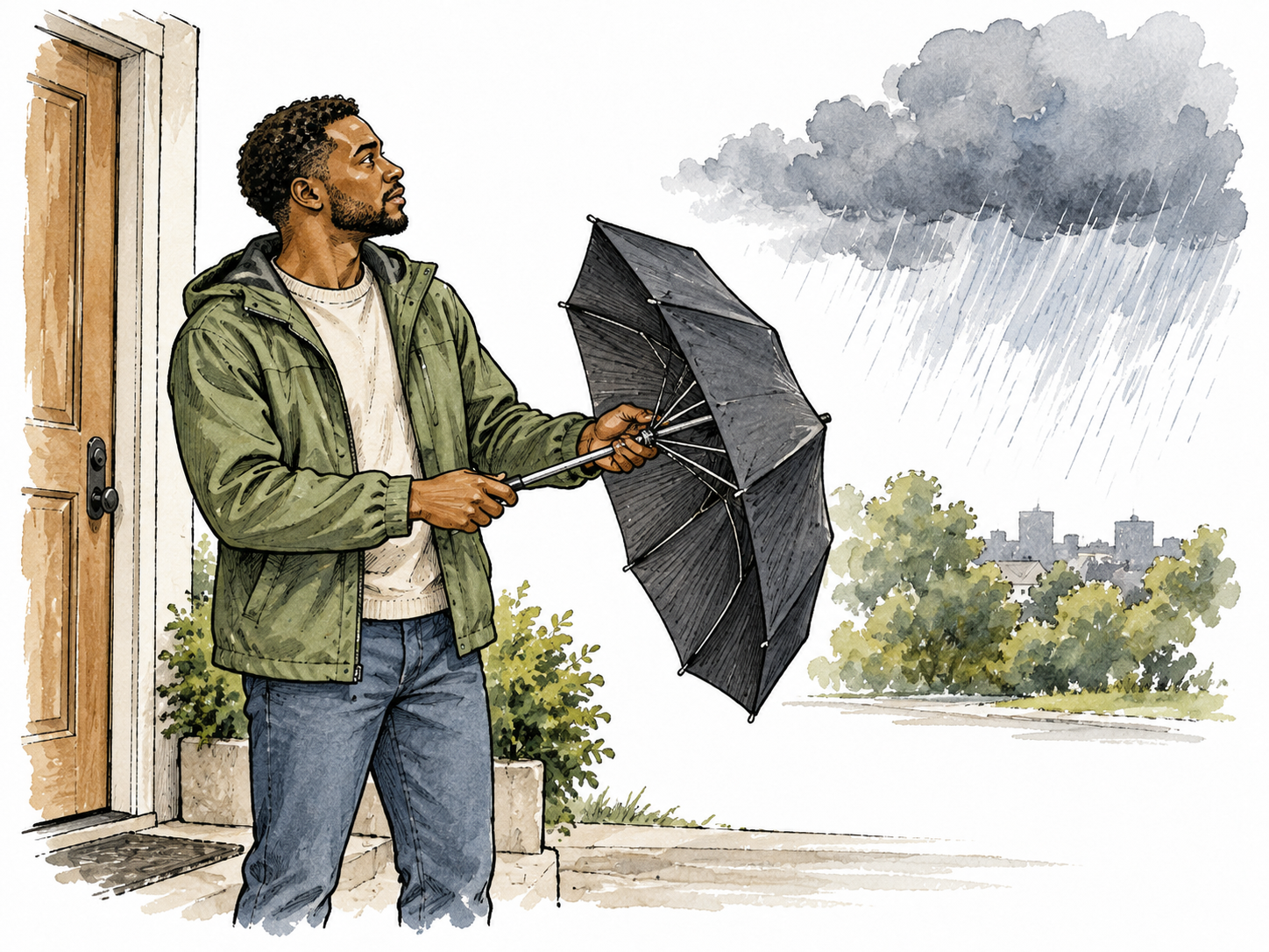 Black adult prepares an umbrella before stepping into forecast rain.