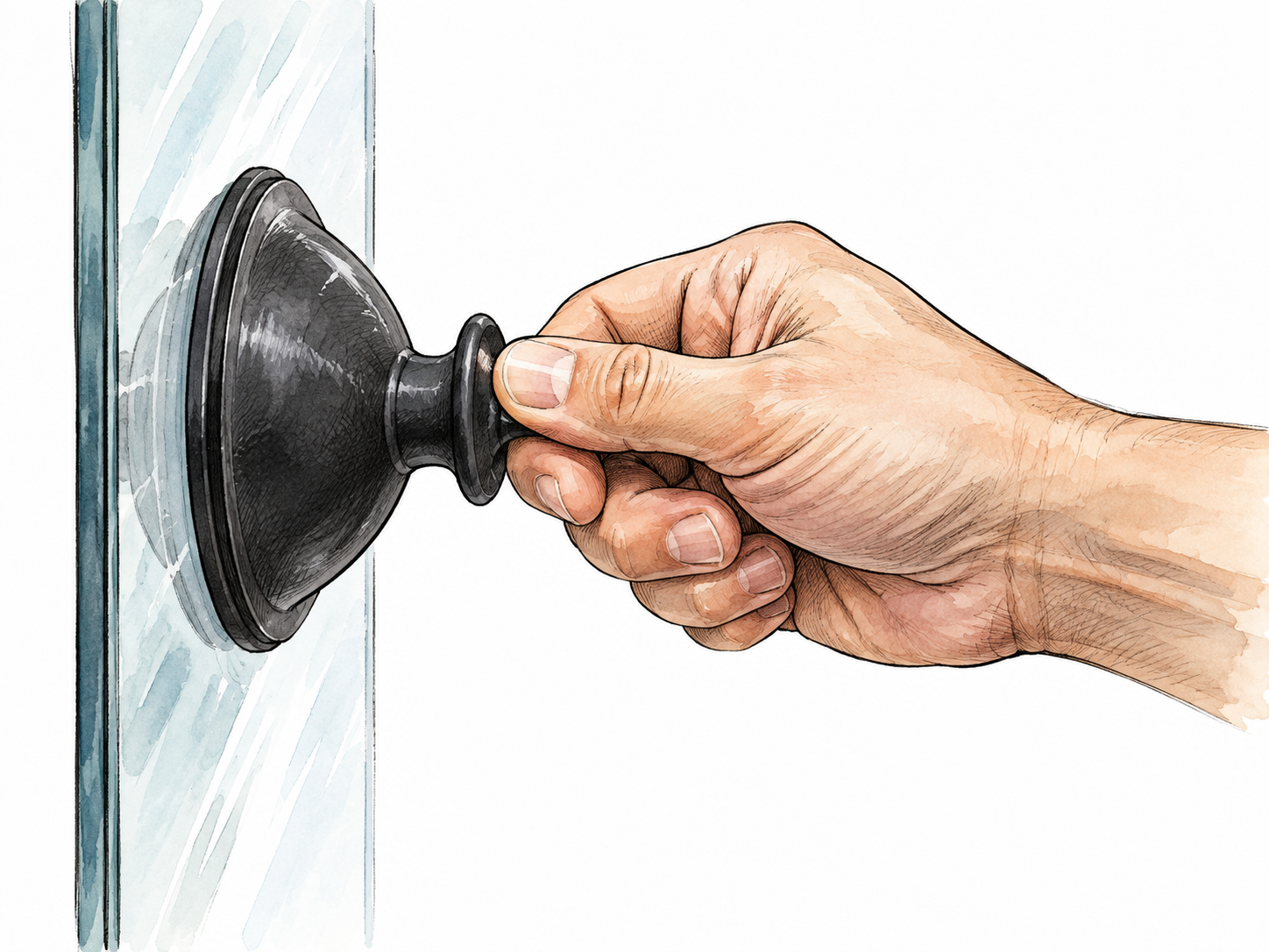 A rubber suction cup sticks firmly to glass while a hand gently pulls its handle.
