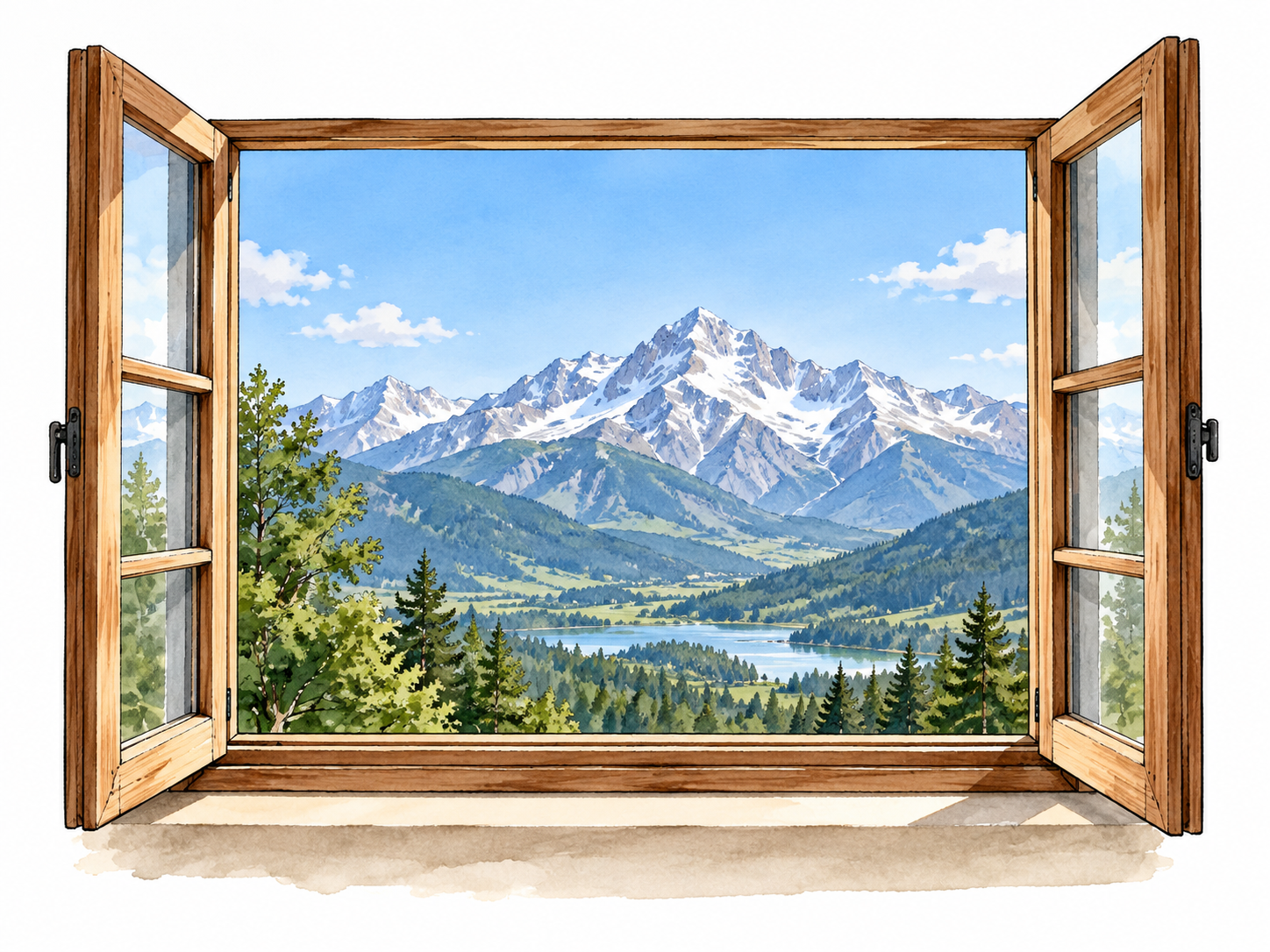 An unobstructed crisp view of distant mountains through an open window.