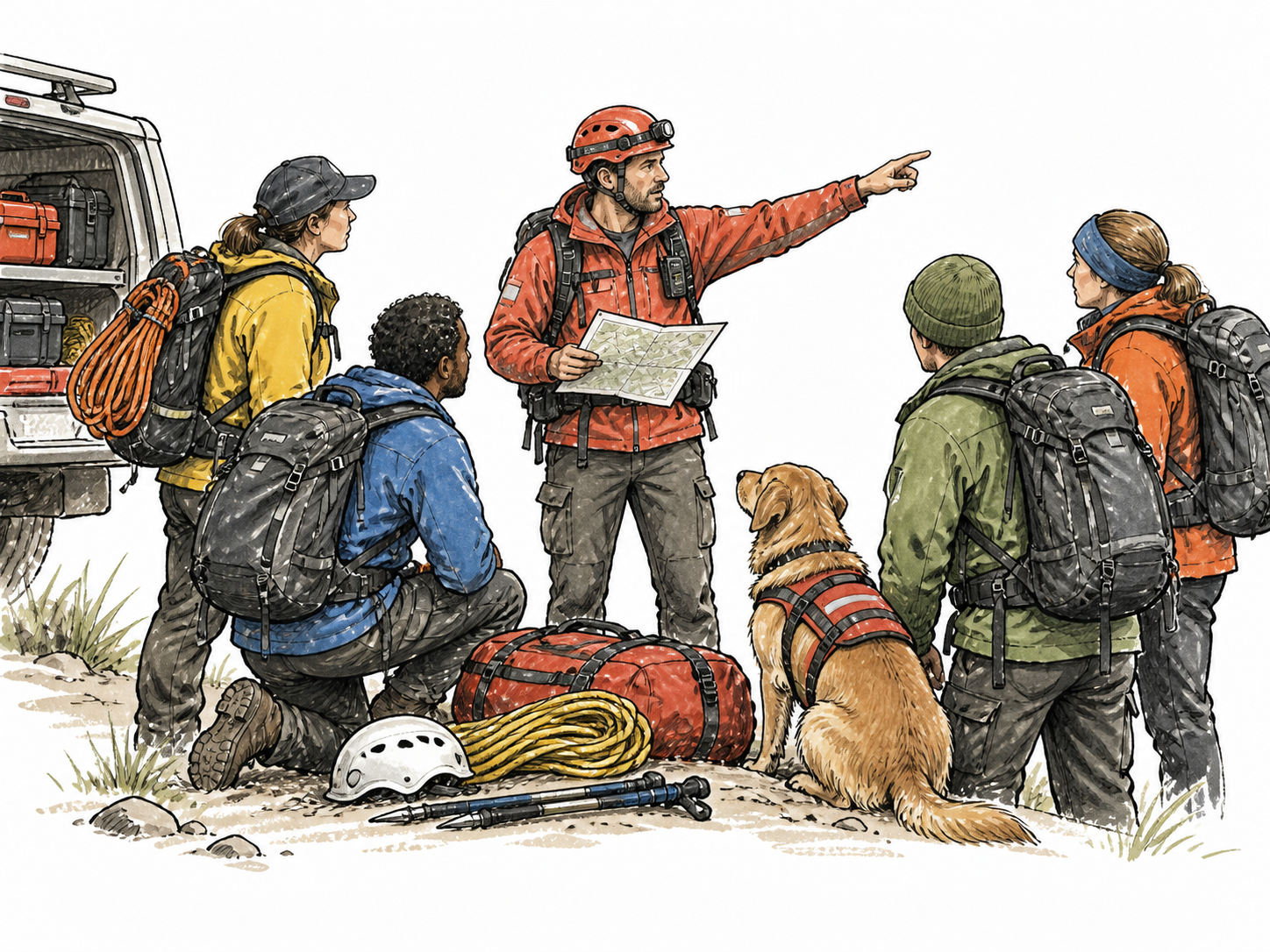 A rescue captain gathers a varied team and equipment for action.