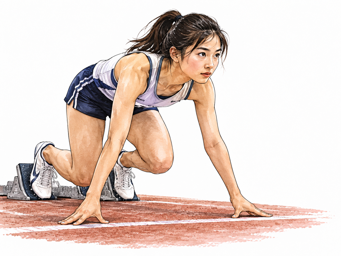 Young East Asian athlete leans forward eager to begin race.