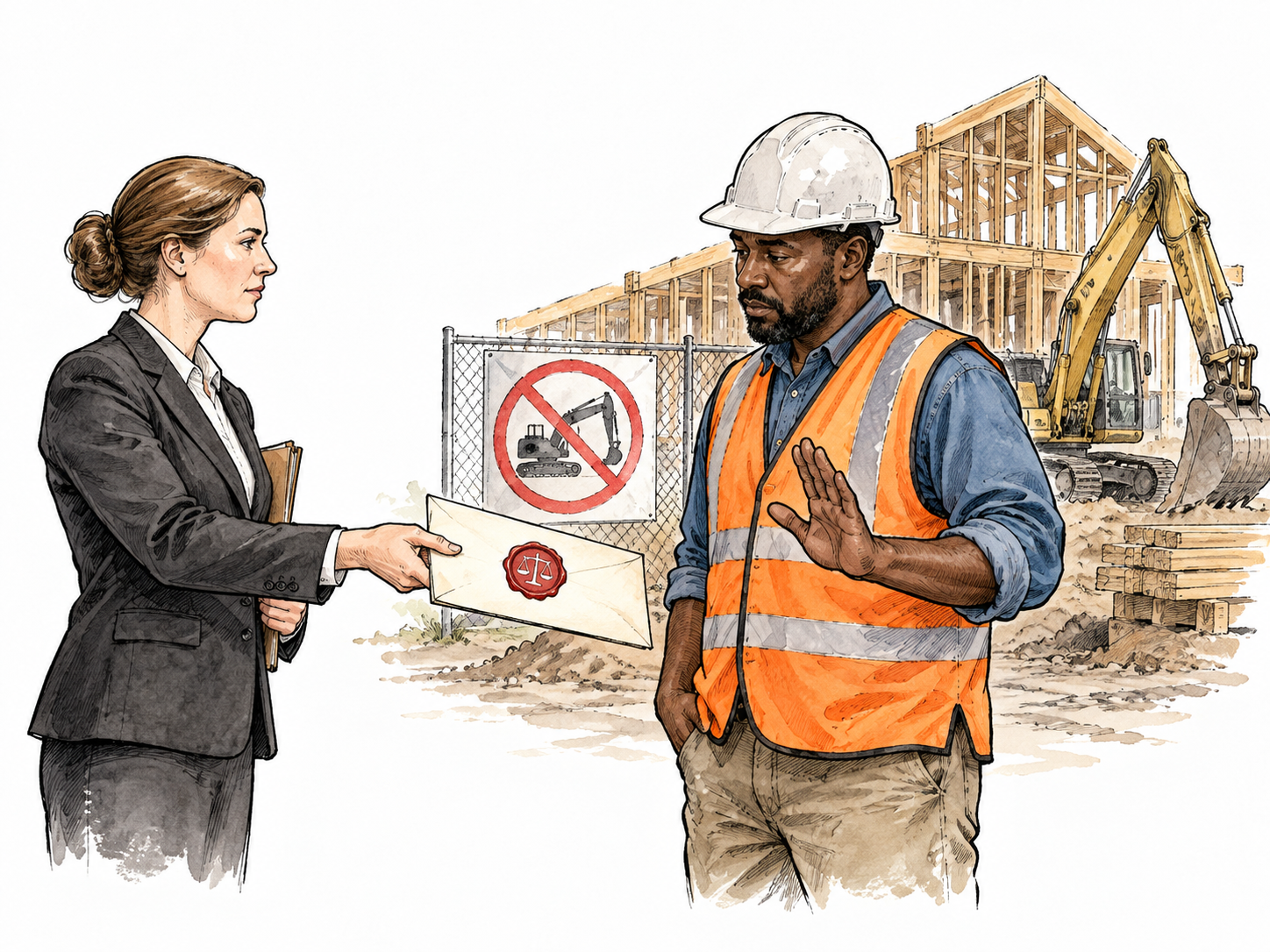 A court clerk presenting a sealed order that stops construction at a site, white clerk and Black site manager, clear legal requirement.