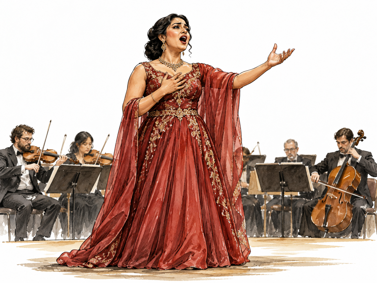 A South Asian opera singer performing alone on stage in a formal gown, orchestra softly in background, expressive singing.
