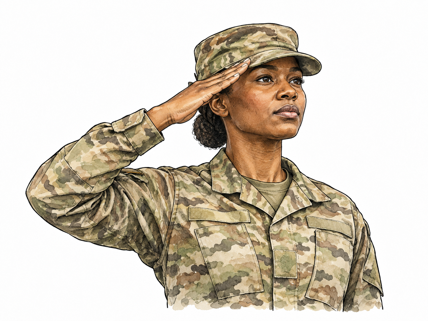 A Black female service member giving a crisp formal salute with straight hand at brow, dignified posture, generic uniform.