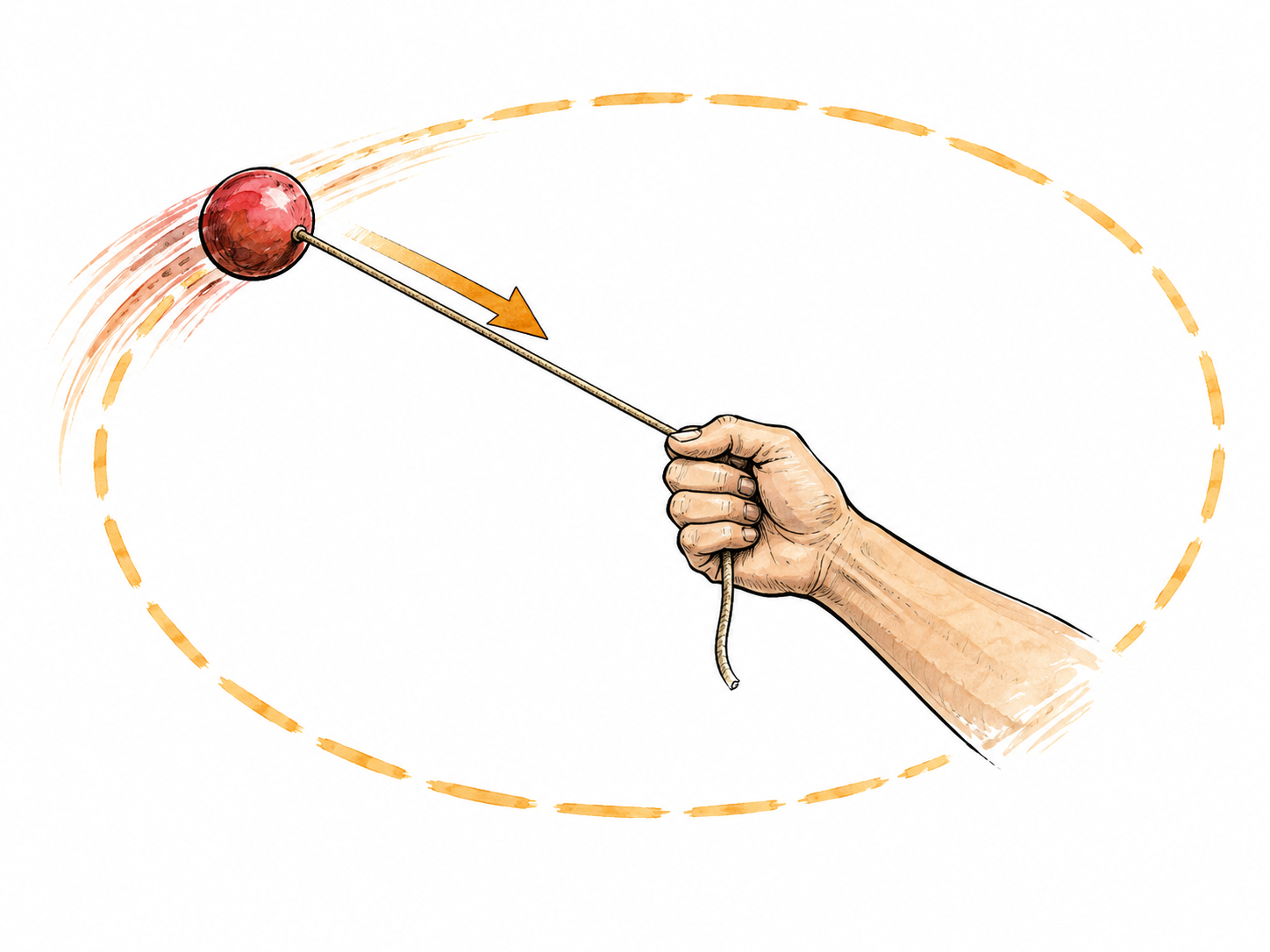 A ball on a string moves around a center; one clear arrow points inward toward the hand.