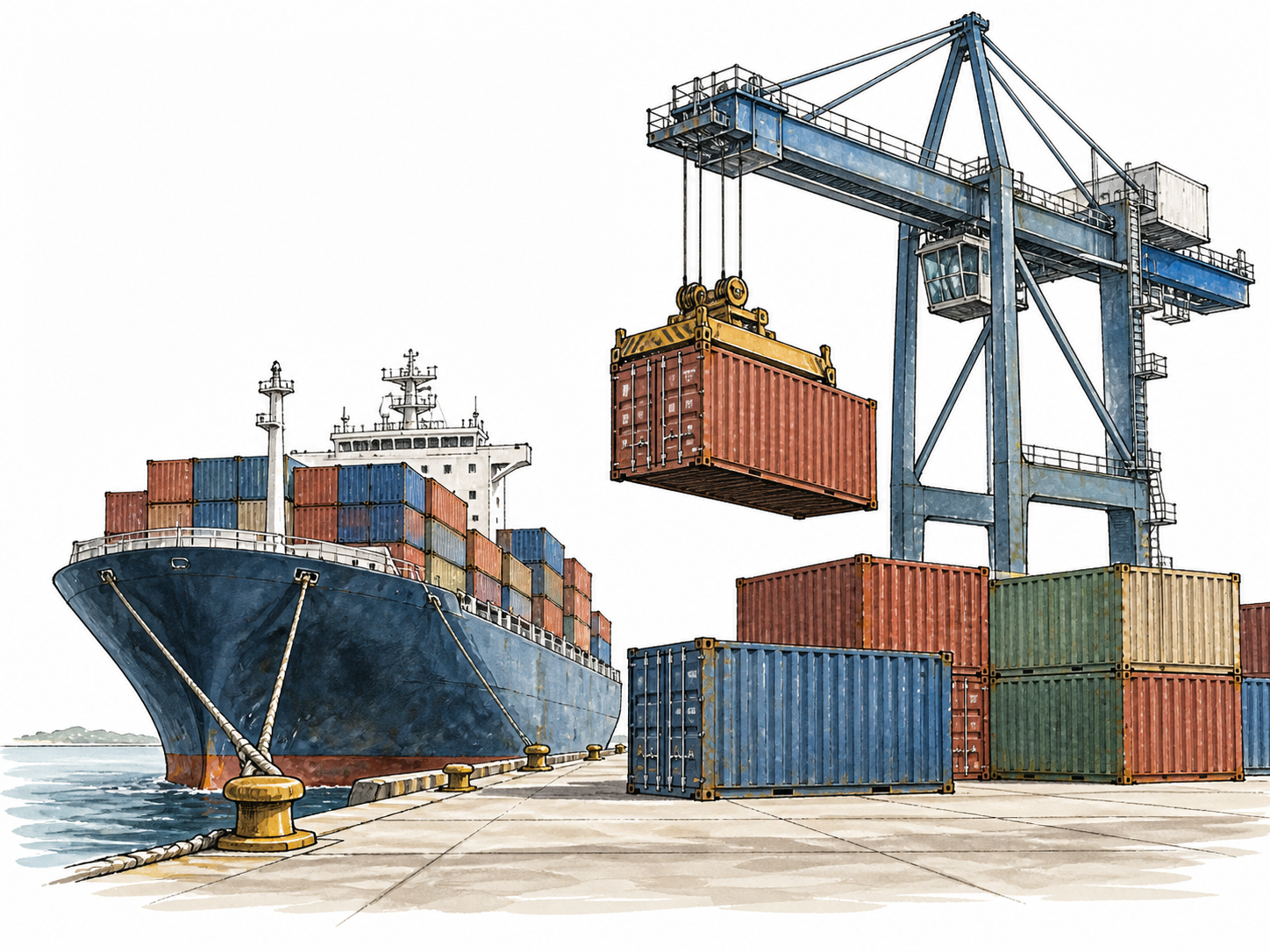 A port crane unloads shipping containers onto the receiving dock.